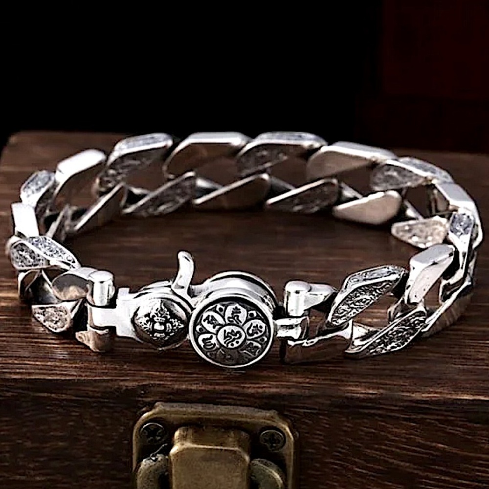 Stainless Steel Chain Link Bracelet, Mantra, Screwbar Curb Chain